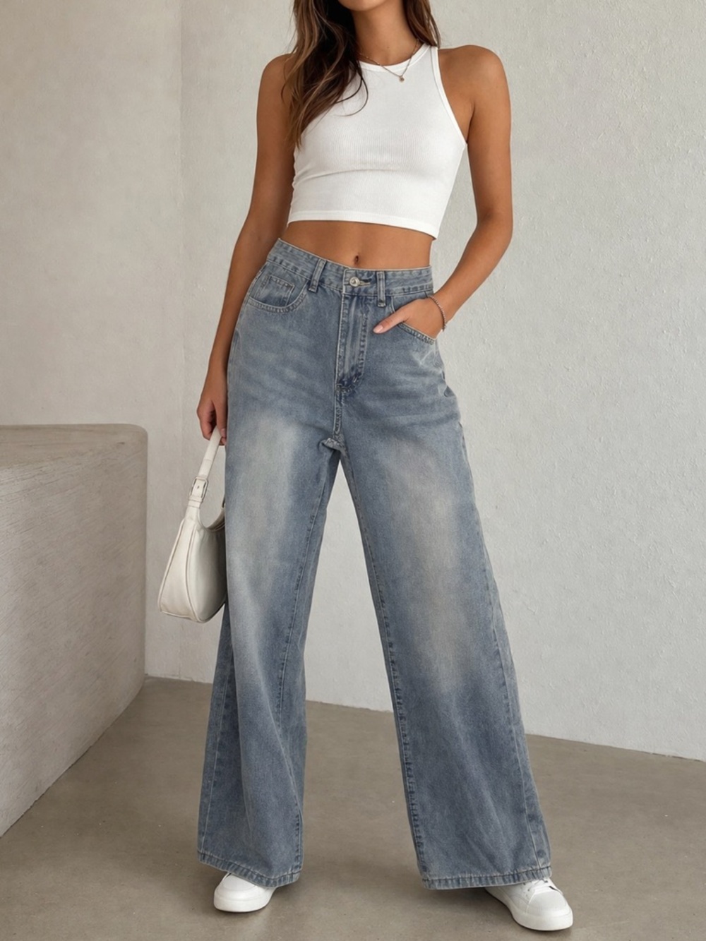 High Rise Wide Leg Jeans Light Wash Non Stretch Denim Size XS